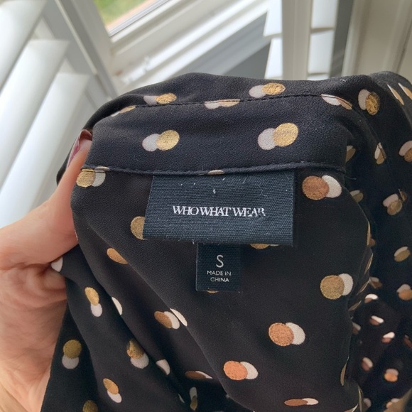 WHO WHAT WEAR Gold White Dot Button Up Long Sleeve Blouse Black Womens SZ Small - Picture 3 of 13